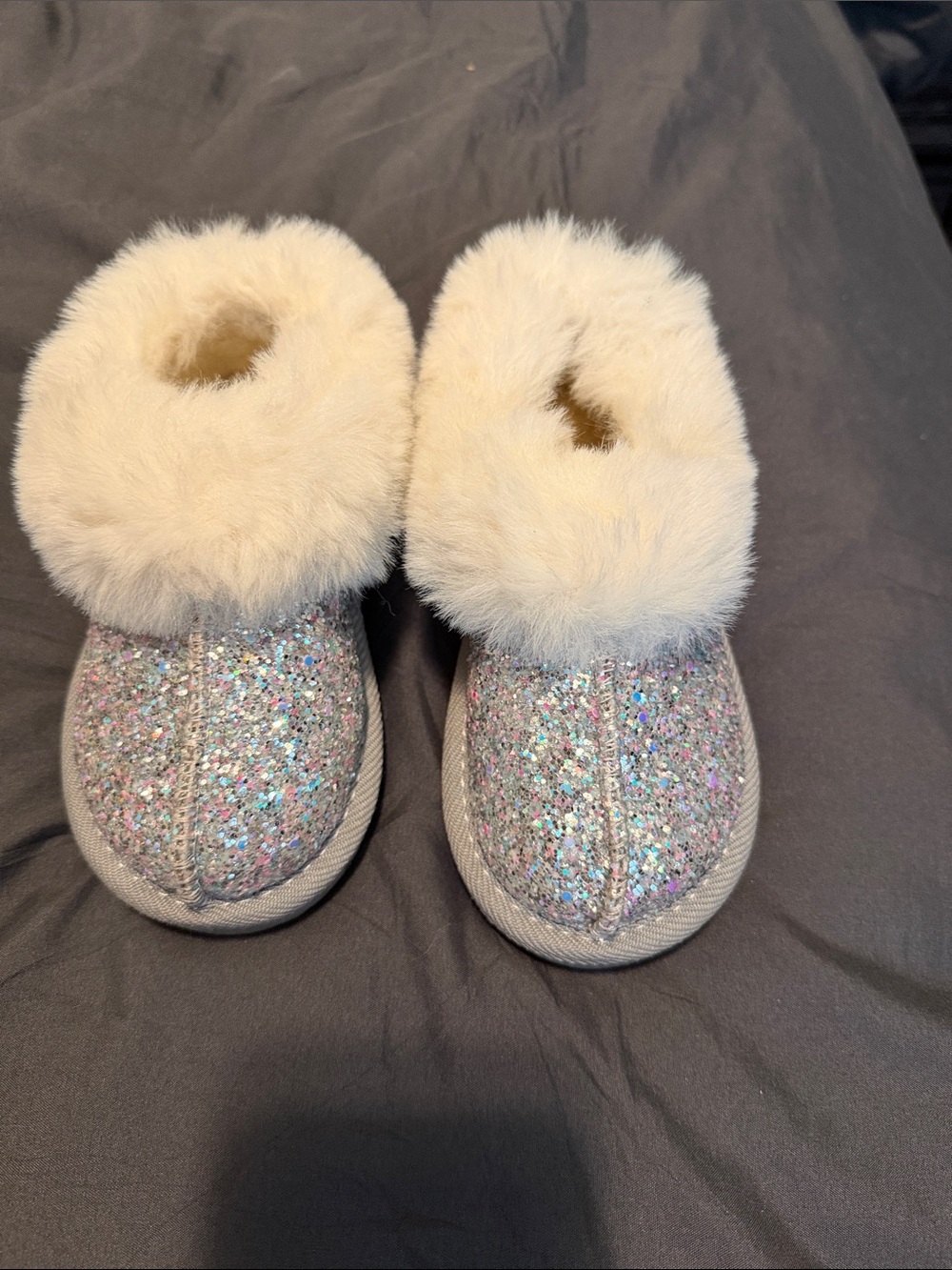 Kids Sparkle Faux-Fur Lined Mule Slippers - Silver/White
